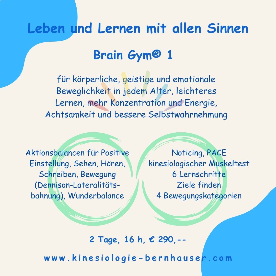 Brain Gym 1 Kurs im Murtal, Leben und Lernen mit allen Sinnen